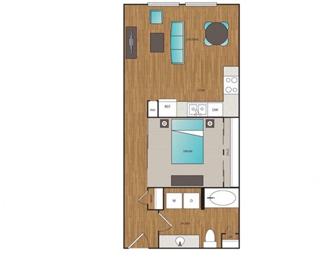 Floor plan for 1 bed, 1 bath, 615 sqft